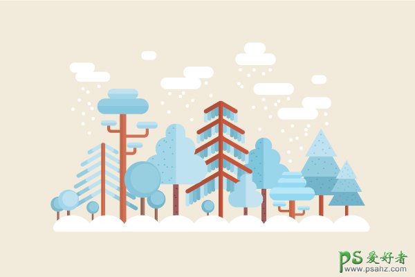 Illustrator插画场景制作教程：手工绘制冬季下雪效果的树林插画
