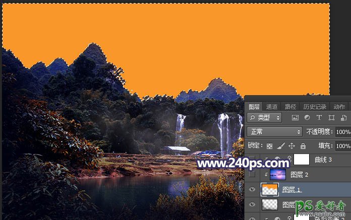 Photoshop给大气的瀑布风景图片调出唯美的蓝红色霞光色彩