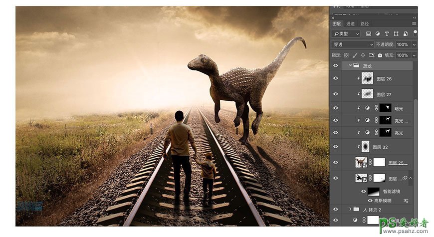 PS合成教程：打造远古时代恐龙穿过铁轨的特效图片，铁轨上霸王龙