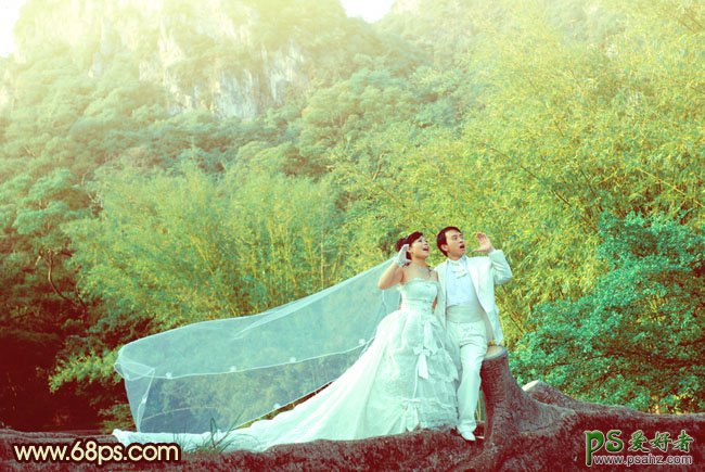 photoshop调出粉嫩的黄绿色情侣婚纱写真照
