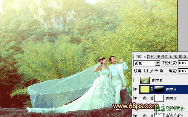 photoshop调出粉嫩的黄绿色情侣婚纱写真照