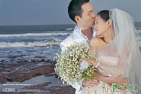 photoshop调出淡蓝艺术效果海景婚纱照