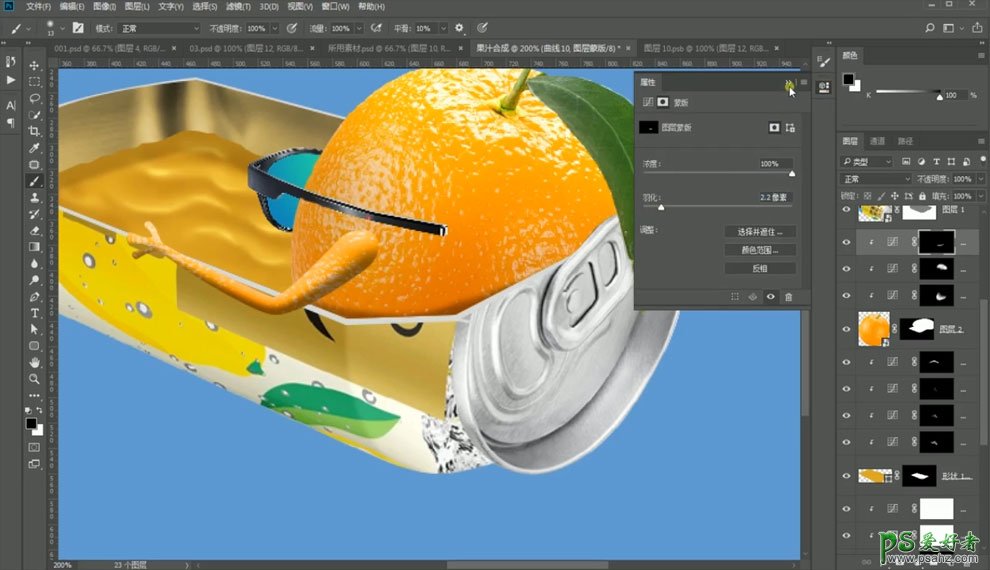 Photoshop创意合成在易拉罐中泡澡的卡通水果搞笑图片。