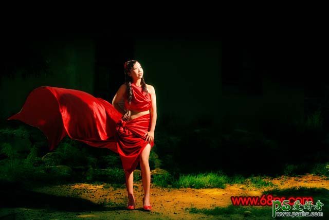PS给漂亮的红裙美女照调出高对比度深红色