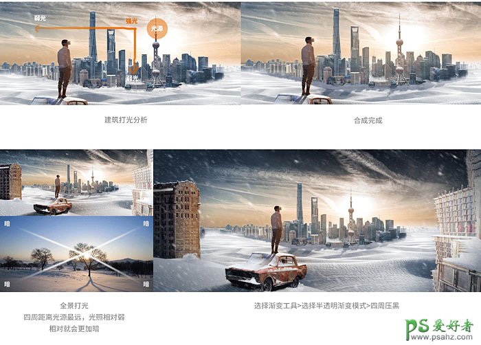 PS场景合成：合成雪景城市大视角视觉海报，冰天雪地的城市海报。