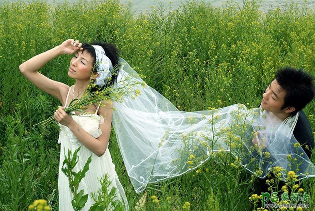 photoshop调出浪漫金色效果油菜花地里的爱侣婚纱照