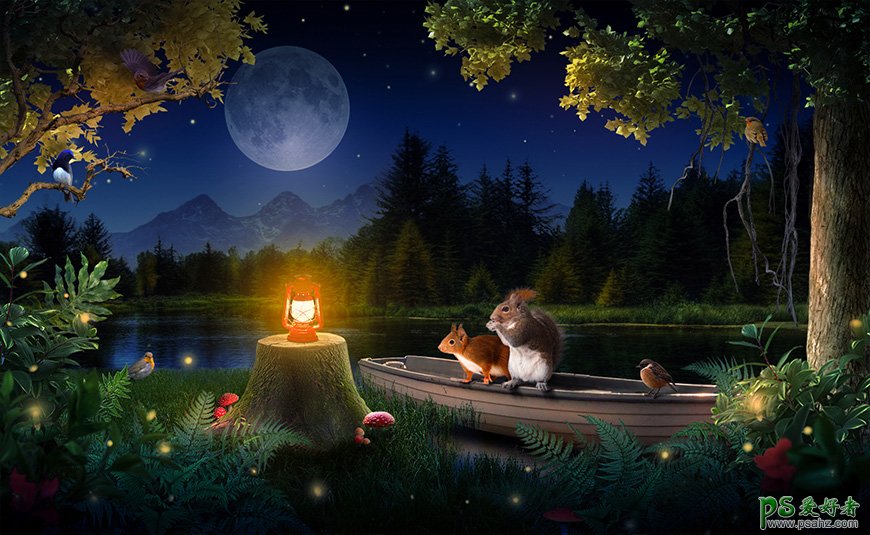 photoshop合成暗夜里油灯灯光下森林小动物聚会的梦幻场景。