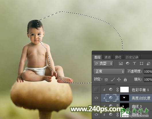 PS婴儿照片合成教程：创意打造可爱婴儿坐在蘑菇上的小天使形象图