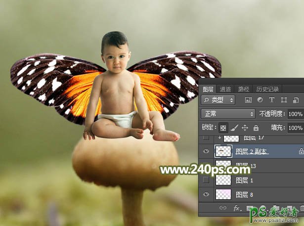 PS婴儿照片合成教程：创意打造可爱婴儿坐在蘑菇上的小天使形象图