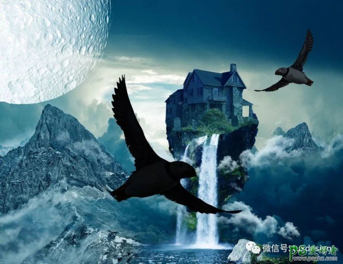 Photoshop创意合成悬浮在空中的阁楼，宛若仙境的小岛屿别墅。