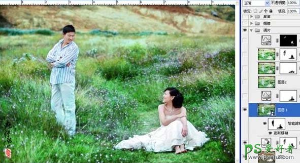 PS给草地上的温馨情侣婚纱照调出个性绿色效果