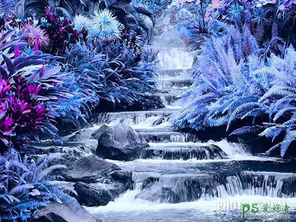 利用PS在LAB模式下给流水的风景图片调出梦幻蓝紫色
