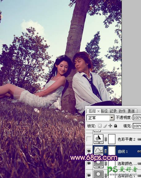 photoshop给浪漫的情侣写真照调出个性紫色效果