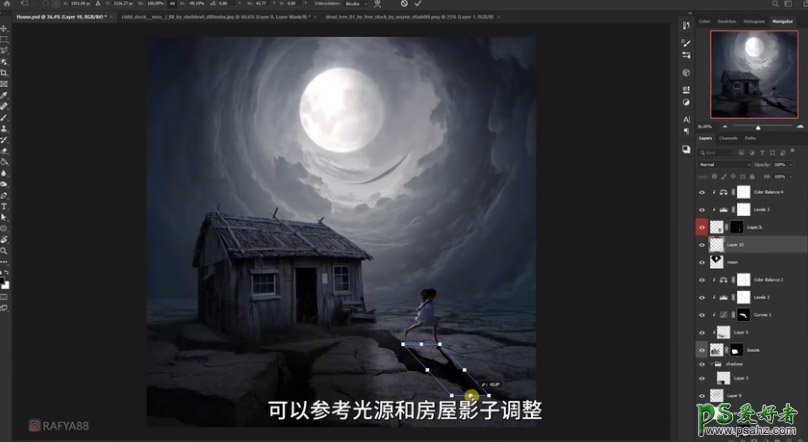 PS神秘人物场景合成：创意合成恐怖月光下神秘小女孩儿奔跑的场景