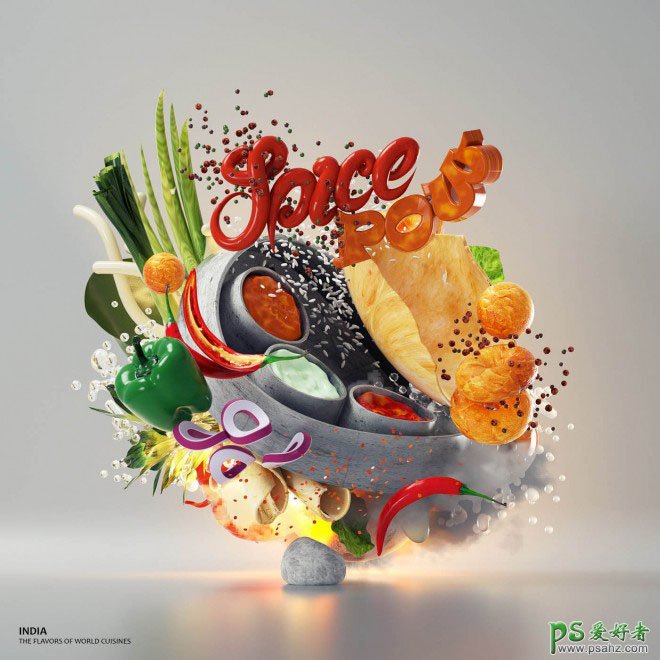 世界美食主题3D艺术字设计作品，3D字体设计，3D立体艺术字作品。