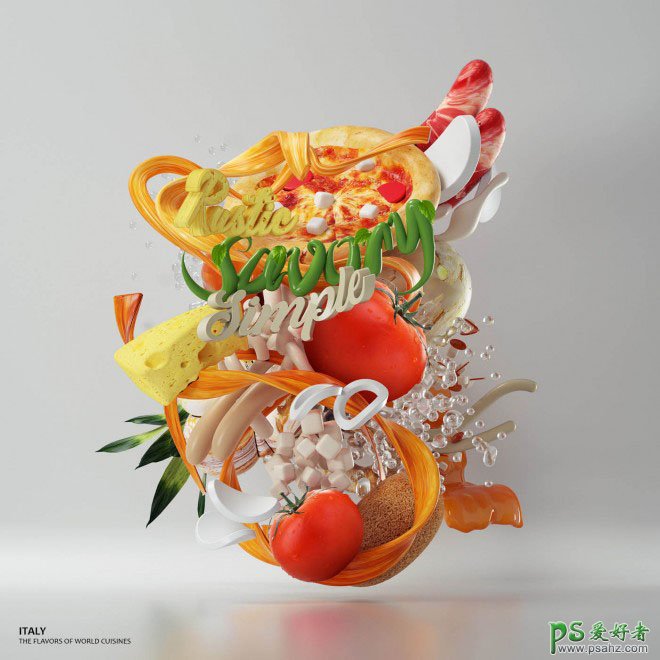 世界美食主题3D艺术字设计作品，3D字体设计，3D立体艺术字作品。