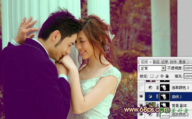 photoshop给清纯情侣婚片调出柔美的紫色风格
