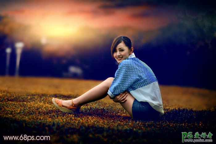 PS调色教程：给外景草坪上的可爱美腿女孩生活照调出唯美的霞光色