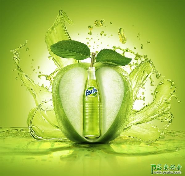 创意苹果果汁饮料广告 绿色清爽风格的青苹果味饮料海报设计作品