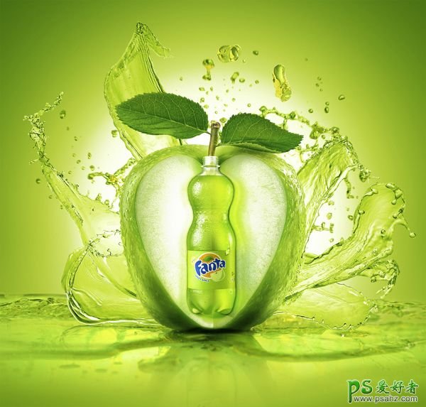 绿色清爽风格的青苹果味饮料海报设计作品，创意苹果果汁饮料广告