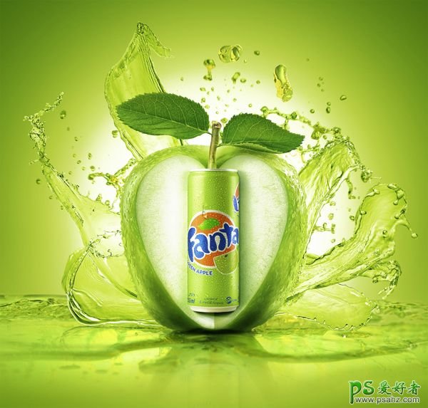 绿色清爽风格的青苹果味饮料海报设计作品，创意苹果果汁饮料广告