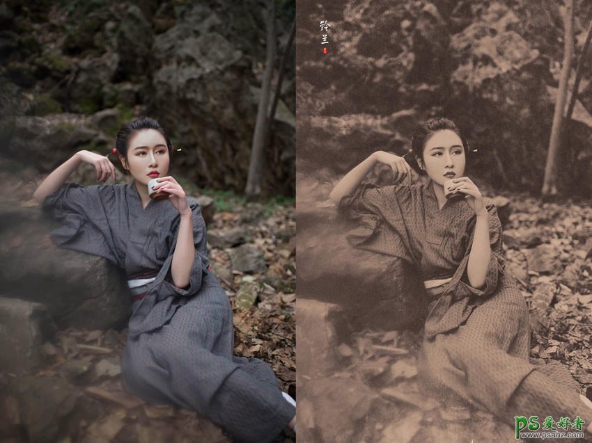 Photoshop给古装美女人像照片制作出看似百年前的老照片效果