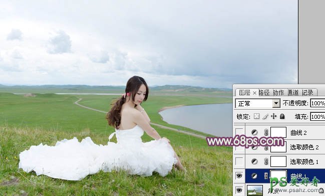 Photoshop给草原上的性感美女婚纱照调出清新黄调效果