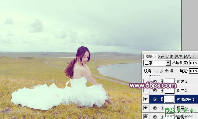 Photoshop给草原上的性感美女婚纱照调出清新黄调效果