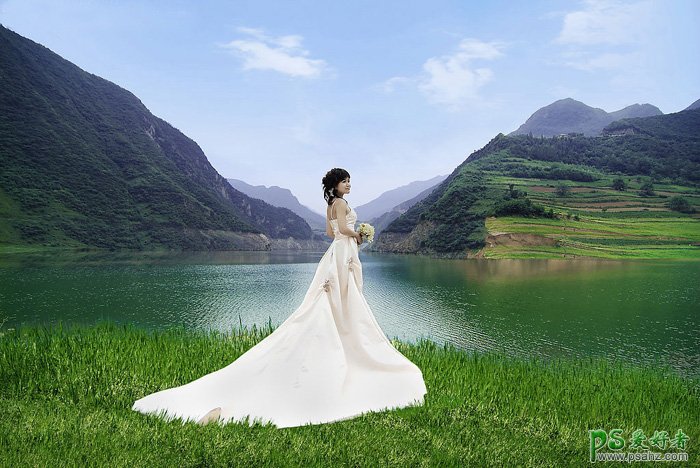 给湖库边自拍的清纯女生婚片调出唯美的阳光色 PS婚纱照调色教程