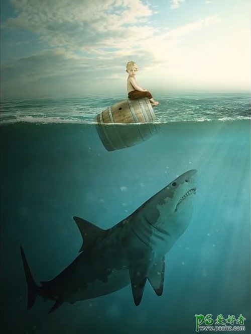 PS创意合成可爱小孩乘坐木桶漂泊在海上被水下鲨鱼凝视的场景