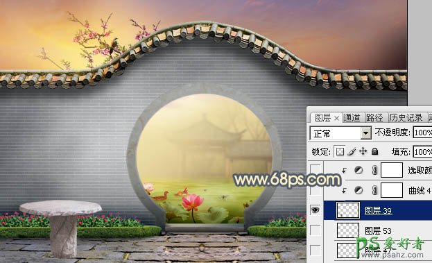 Photoshop创意合成唯美意境风格的江南园林景观图片，霞光中的园