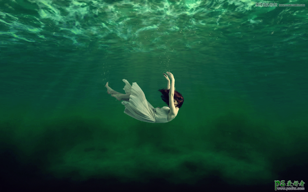Photoshop合成一幅唯美风格女生跳海后飘浮在海中的场景效果图