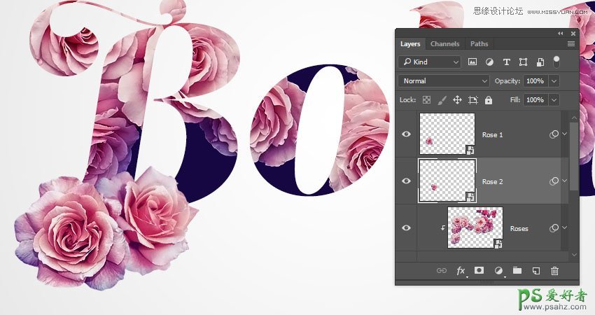 Photoshop设计创意的花体艺术字，花卉纹理主题个性字体。