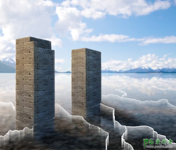 Photoshop手绘逼真效果的湖水冰面效果，仿真湖面冰层效果图