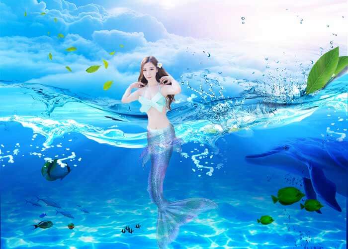 Photoshop创意合成海洋美人鱼场景，清新少女遨游海洋。