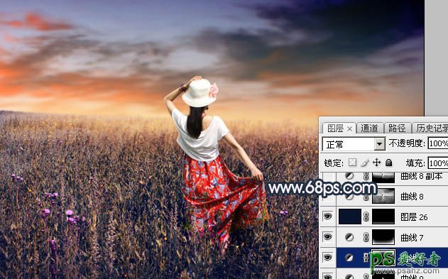 Photoshop给草原上的唯美意境女生写真照调出大气的红褐色效果
