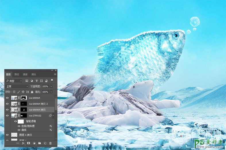 PS合成教程：创意打造从冰层中跃出的大鲫鱼特效图片，跳出冷冻鱼