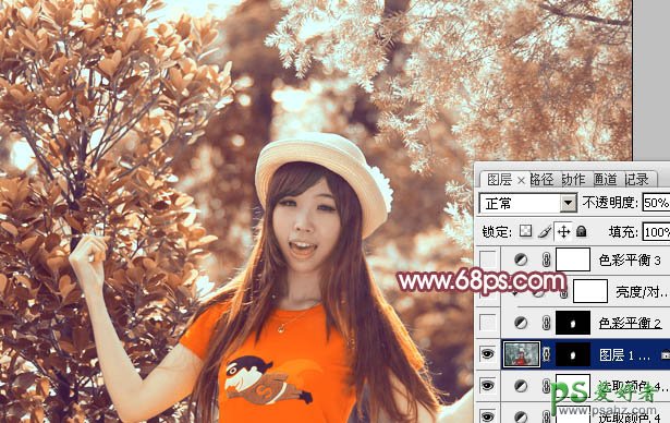 Photoshop给树林中的少女写真照调出暖金色_橙色_暖色调