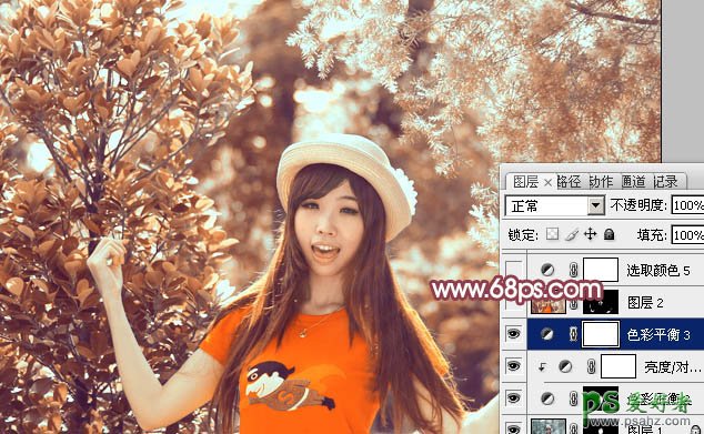 Photoshop给树林中的少女写真照调出暖金色_橙色_暖色调