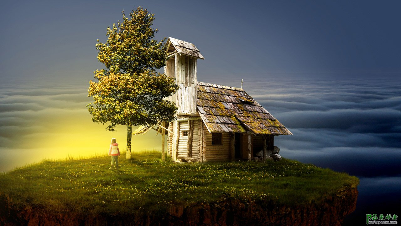 Photoshop创意合成漂浮在云层上的绿色小岛，云端上的木屋场景。