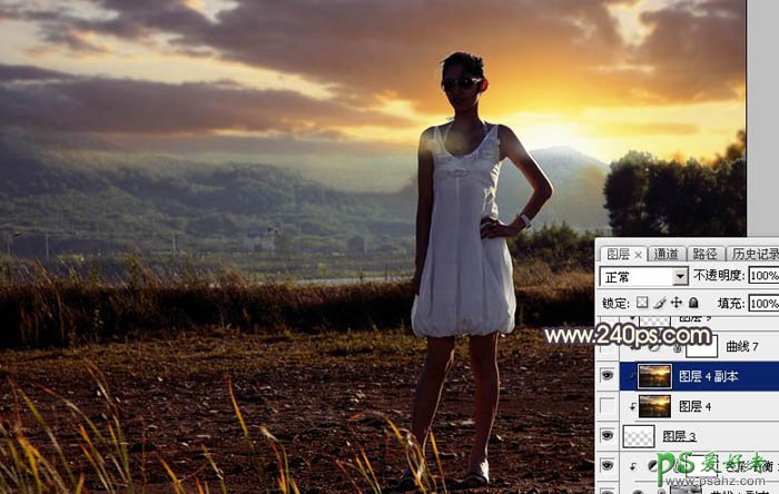 Photoshop给穿吊带裙的漂亮美女外拍写真照片调出唯美的逆光效果