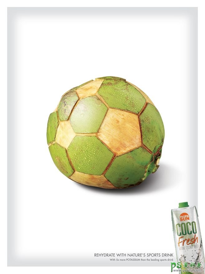 创意个性的足球形象椰汁饮料广告作品，漂亮的动能饮料海报图片。