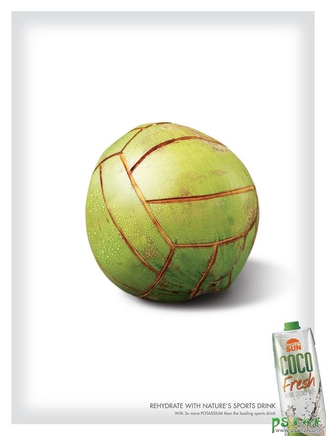 创意个性的足球形象椰汁饮料广告作品，漂亮的动能饮料海报图片。