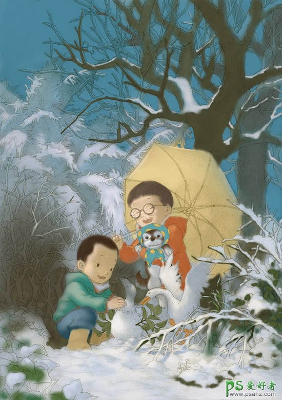 PS鼠绘教程：打造正在玩堆雪人的儿童插画，回忆快乐的童年时光