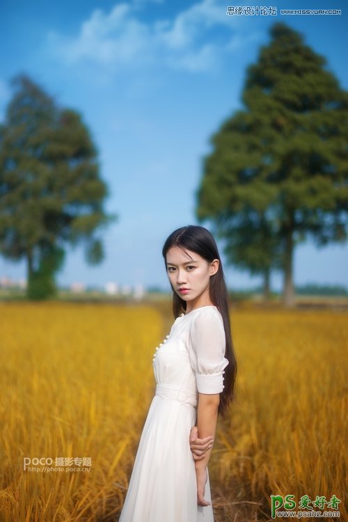 PS摄影后期教程：给外景少女自拍写真照制作出秋季淡黄色调效果