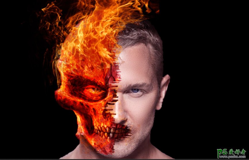PS人像合成实例：创意打造半边脸正在燃烧的男子特效图片。