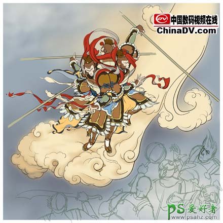 PS鼠绘教程：绘制漂亮的卡通国画风格孙悟空大闹天宫场景