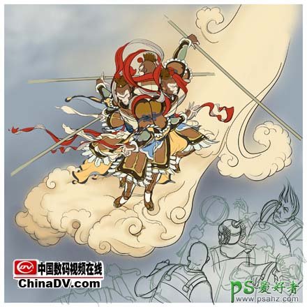 PS鼠绘教程：绘制漂亮的卡通国画风格孙悟空大闹天宫场景