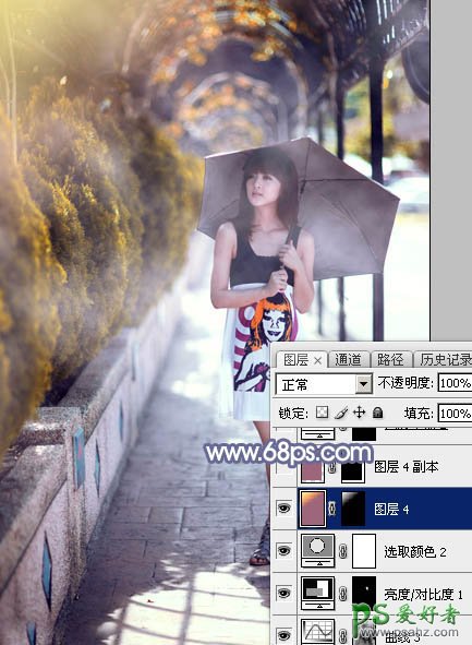 Photoshop给街景自拍的性感美女唯美意境图片调出浓厚的秋季色彩