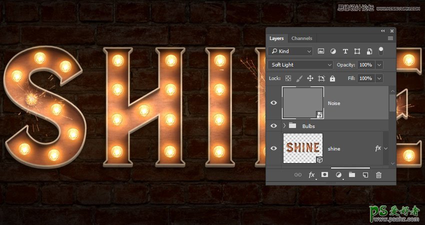 使用PS的3D工具设计灯泡艺术字，漂亮的灯光纹理艺术字体。